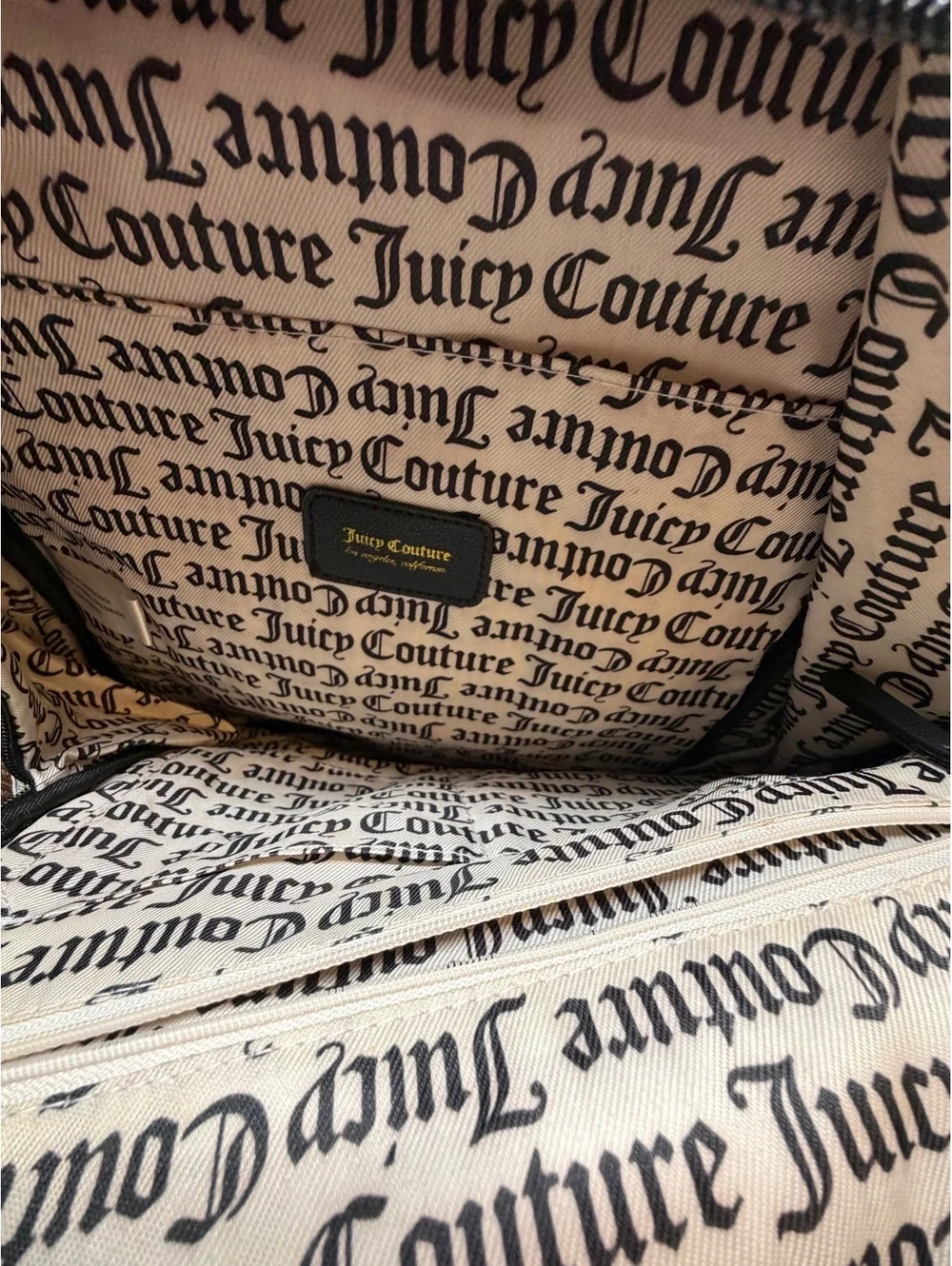 Juicy Couture Logo Print Backpack Brown Black PVC Monogram Travel School Bag